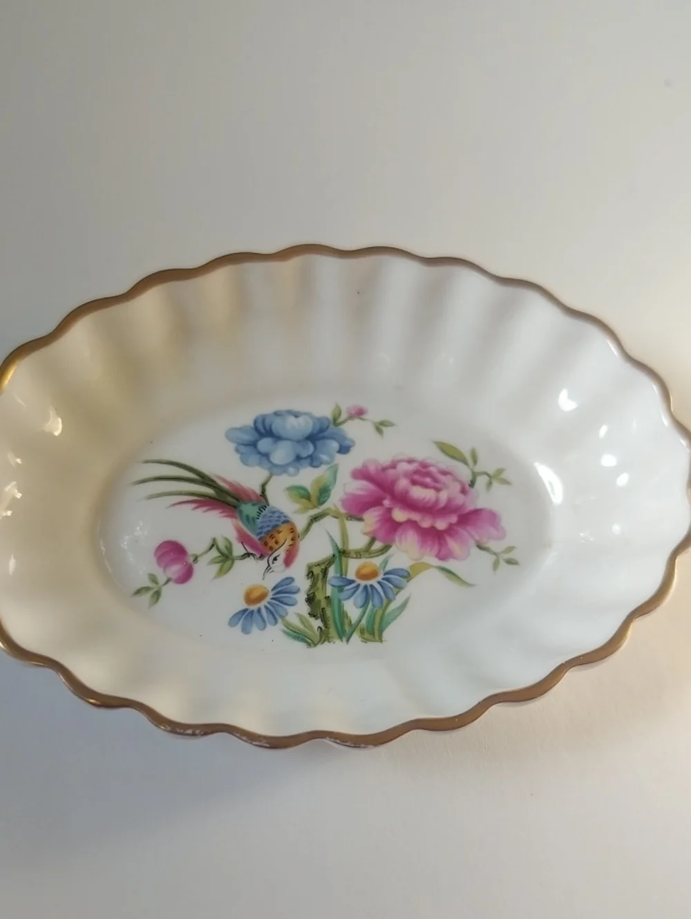 Spode Small White Scalloped Dish with Pink & Blue Floral and Bird Motif